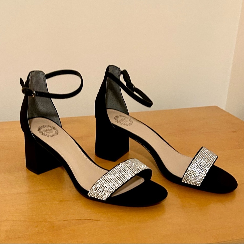Black Faux Suede Heels with Rhinestone Detailing